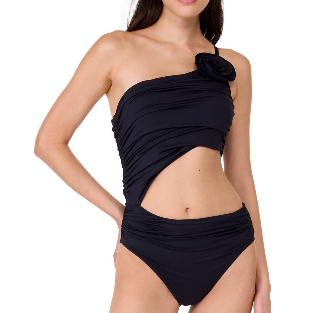 NWT Kate Spade New York Women's Asymmetric Rosette Swimsuit - Black Size L